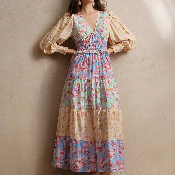 Blue Boho Women's V-Neck Lantern Sleeve A-Line Patchwork Dress - Picture 3 of 7